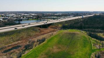 Chicago. Illinois. 5 November 2019. Above view Highway and a large number of vehicles that are traveling on it. Freeway and car traffic near Chicago video