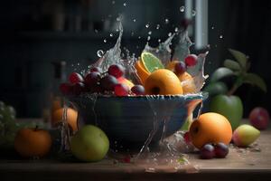 AI generated fresh fruit splashing in a bowl with cinematic light, neural network generated image photo