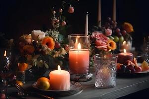 ai generado elegante Boda mesa decorado con velas y flores, neural red generado imagen foto