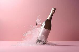 AI generated unopened bottle of champagne with splashes on pink background, neural network generated photorealistic image photo