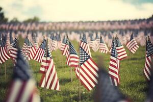 AI generated Memorial Day tribute. Many small American flags on a green lawn, neural network generated photorealistic image photo