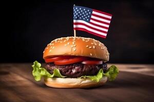 ai generado hamburguesa con pequeño americano bandera en él, oscuro fondo, nosotros patriótico orgulloso tema, neural red generado imagen foto