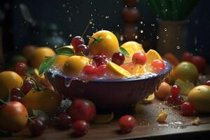 AI generated fresh fruit splashing in a bowl with cinematic light, neural network generated image photo