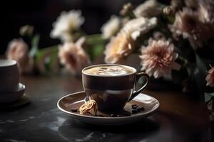 AI generated cup of coffee and flowers on the table, neural network generated photorealistic image photo