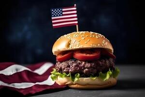 AI generated hamburger with small american flag on it, dark background, US patriotic proud theme, neural network generated image photo