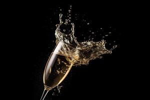 AI generated celebration theme with splashing champagne in a wineglass on black background, neural network generated photorealistic image photo