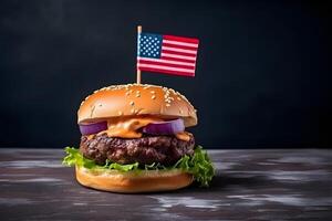 AI generated hamburger with small american flag on it, dark background, US patriotic proud theme, neural network generated image photo