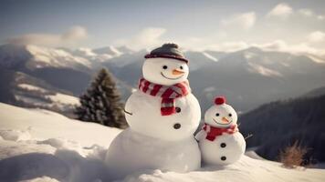 ai generado invierno Navidad - dos contento monigote de nieve amigos en Nevado montañas a día luz, neural red generado imagen foto