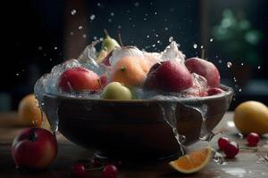 AI generated fresh fruit splashing in a bowl with cinematic light, neural network generated image photo