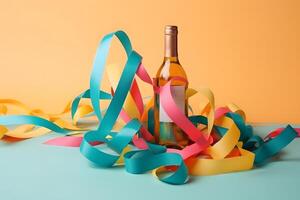 AI generated unopened bottle of champagne standing vertically on yellow background surrounded with colorful ribbons, neural network generated photorealistic image photo