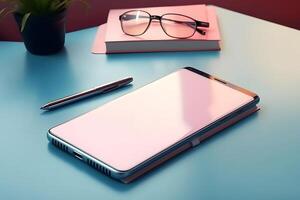 AI generated Smartphone, glasses, pen and pink notebook on blue table. Mock up, neural network generated image photo
