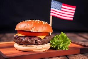 ai generado pequeño hamburguesa con pequeño americano bandera en él, oscuro fondo, nosotros patriótico orgulloso tema, neural red generado imagen foto