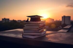 AI generated a stack of books and graduation cap on the roof with the sunset in the background, neural network generated image photo