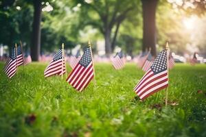 AI generated Memorial Day tribute. Many small American flags on a green lawn, neural network generated photorealistic image photo