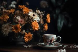 ai generado taza de café y flores en el mesa, neural red generado fotorrealista imagen foto