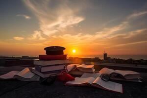 AI generated a stack of books and graduation cap on the roof with the sunset in the background, neural network generated image photo