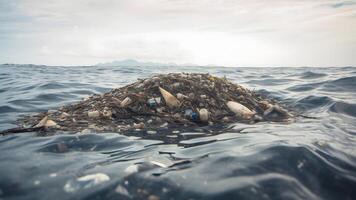 ai generado el plastico basura flotante en Oceano superficie a luz, neural red generado imagen foto