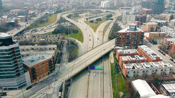 Flight over the interstate in the City of Chicago. Suburban car interchange and entrance to the city of Chicago. Traffic of arriving cars arriving in the city. video