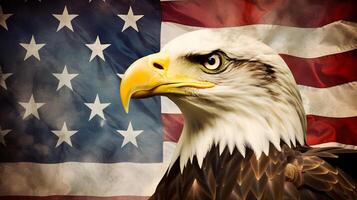 AI generated North American Bald Eagle on American flag background, neural network generated photorealistic image photo