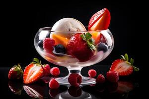 AI generated icecream with fresh fruits in a glass bowl, rich high contrast photorealistic neural network generated image photo