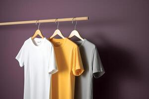 AI generated Hangers with blank monocolor t-shirts on purple background, neural network generated image photo