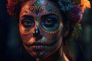 AI generated cinematic photorealistic portrait of gorgeous woman sugar skull at day of the dead, neural network generated image photo