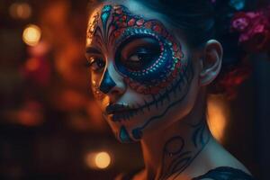 AI generated cinematic photorealistic portrait of gorgeous woman sugar skull at day of the dead, neural network generated image photo