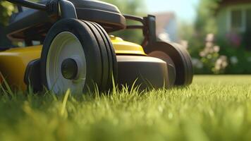 AI generated close up of lawn mower in action on lawn at sunny summer day, neur al network generated image photo