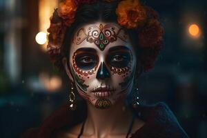 AI generated cinematic photorealistic portrait of gorgeous woman sugar skull at day of the dead, neural network generated image photo