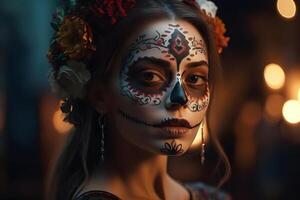 AI generated cinematic photorealistic portrait of gorgeous woman sugar skull at day of the dead, neural network generated image photo