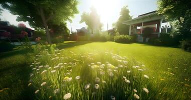 AI generated lawn and chamomile flowers in summer front yard at sunny day, neural network generated image photo