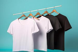 AI generated Hangers with blank monocolor t-shirts on turquoise background, neural network generated image photo