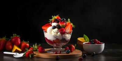 AI generated icecream with fresh fruits, rich high contrast photorealistic neural network generated image photo