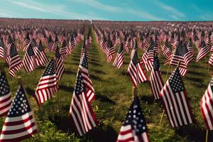 AI generated Memorial Day tribute. Many small American flags on a green lawn, neural network generated photorealistic image photo