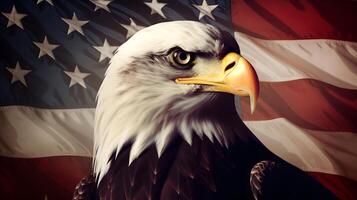 AI generated North American Bald Eagle on American flag background, neural network generated photorealistic image photo