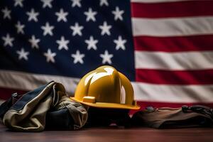 AI generated Workwear and yellow hard hat aka safety helmet on United States of America national flag for labor day theme, neural network generated photorealistic image photo