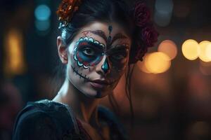 AI generated cinematic photorealistic portrait of gorgeous woman sugar skull at day of the dead, neural network generated image photo