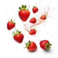 ai generado fresas que cae dentro agua en un transparente antecedentes png