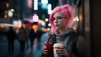 ai generado joven hermosa pelo rosado femenino mujer a noche ciudad calle participación dos cartulina tazas de café, neural red generado imagen foto