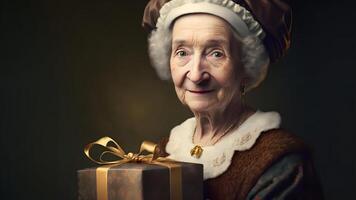 ai generado sonriente antiguo dama con Navidad regalo retrato, neural red generado Arte foto