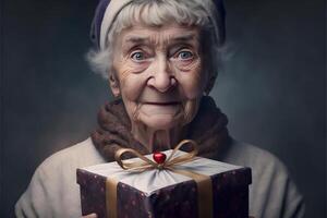 AI generated smiling old lady with christmas gift portrtait, neural network generated art photo