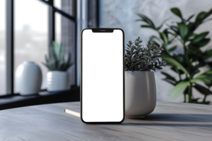 AI generated Empty Phone Screen Mockup on Tabletop Plant Aesthetic Decor png