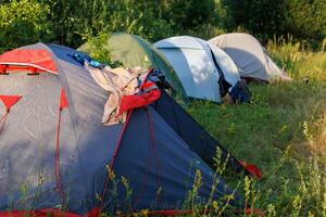 row of several tourist tents in the wild at summer day photo