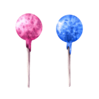 Hand drawn watercolor illustration. Two delicious candies on sticks on pink and blue frosting . For greeting birthday card, banner, websites, new born, gender reveal party png