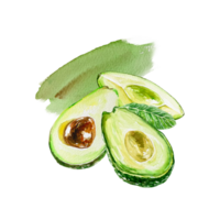 Avocado watercolor, pieces, seed, leaf, brush stroke. Illustration. Design element for cards, invitations, food products, cosmetics, labels, covers, packaging. png