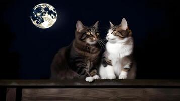 AI generated couple of adorable cats sitting on fence in front of full moon night sky, neural network generated image photo