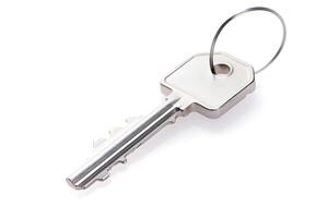 AI generated one simple silver metal key with ring isolated on white background, neural network generated image photo