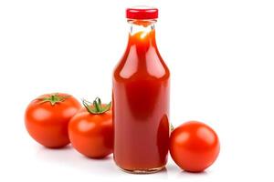 AI generated Glass bottle of tomato ketchup and some tomatoes isolated on white background, neural network generated image photo