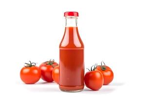 AI generated Glass bottle of tomato ketchup and some tomatoes isolated on white background, neural network generated image photo