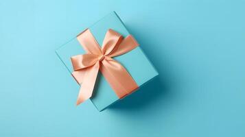 AI generated One gift box in craft wrapping paper and peachy satin ribbon with bow on light blue clean flat surface background, neural network generated image photo
